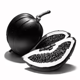 black and white image of an open whole cantaloupe with a black ball