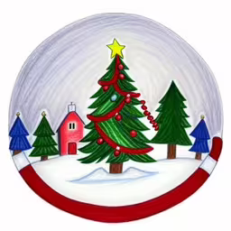 a snow globe with a red christmas tree and other decorations,a drawing of christmas trees and a house on snow,christmas tree and barn in a circle,drawing of christmas tree in snow globe,this is a christmas snow globe with tree