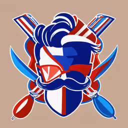 a blue red and white image of a man with a beard,a painting of a person in a helmet and two forks