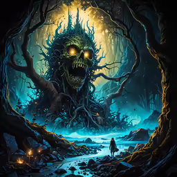 a large creepy demonic monster stands in the middle of a swamp