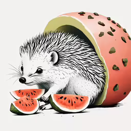 a hedge sitting inside of a watermelon slice,a hedgehog crawling inside a watermelon filled apple