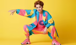 the woman wearing pink, yellow and blue jogging suit poses for a photo