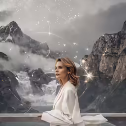 a woman in a long jacket with mountains and stars