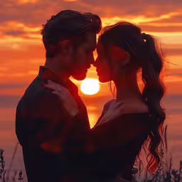 the silhouette of a couple as they stand against an orange sunset,couple posing at sunset on a summer evening