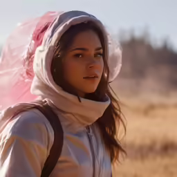 a girl with a clear cover over her head
