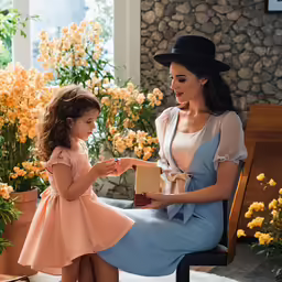 a woman and her daughter exchanging gifts at a floral center