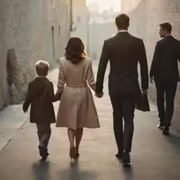 the man and the little boy are holding hands as they walk through the narrow streets