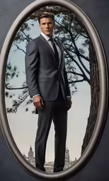a young man wearing a suit and tie posing for a photo