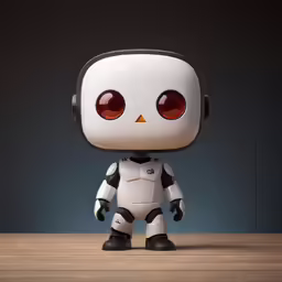 a white robot toy sitting on top of a wooden table