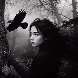 a woman is standing next to a tree and has a raven perched on it
