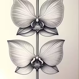 a pencil drawing of a orchid with its leaves folded back,a drawing of two large, thin flowers with petals
