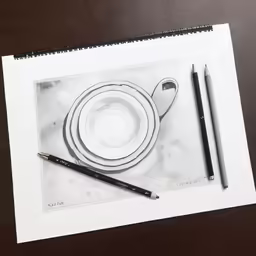 a drawing of an empty teacup next to a pencil
