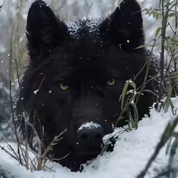 a black dog is looking out over the snow