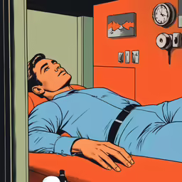 a man laying on the bed in front of a locker