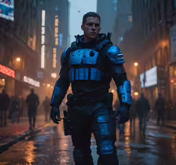 a sci - fi movie character walks through the streets in a rain storm,a man in a police outfit is walking on a city street