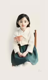 a painting of a girl sitting down with a cup in hand
