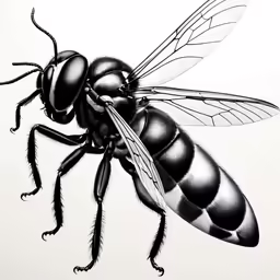 the drawing of a black and white insect