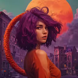 a woman in orange shirt standing in front of city,the girl has purple hair and purple eyes