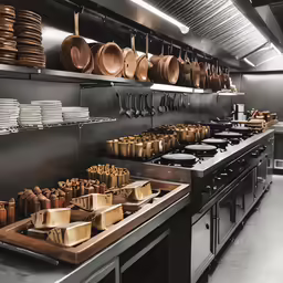 a big kitchen that has some pots and pans on the wall