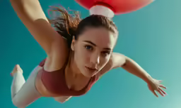 a woman is suspended over an obstacle course