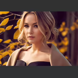 a woman with a brown and black dress next to yellow leaves