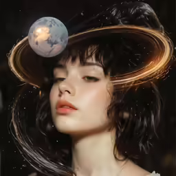 a woman in white dress standing underneath a night sky with a light shining from her hat