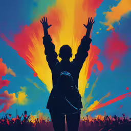 a silhouetted person raises their arms in front of a colorful sunset,a poster featuring a woman in a crowd