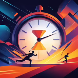 people running towards a huge clock with colorful lines on it