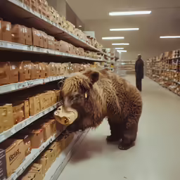 a hairy bear is standing in front of a shelf
