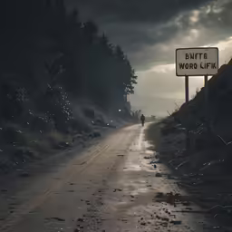 a lone person walking down a dirt road near a sign