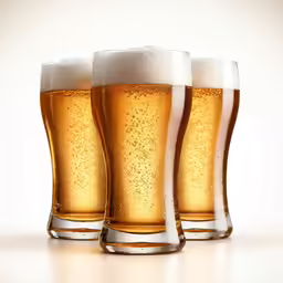 three mugs full of beer are lined up