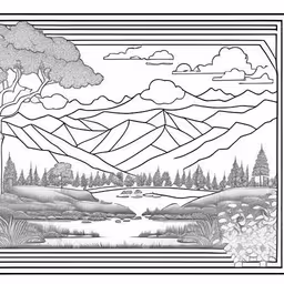 an ink drawing of mountains and trees on the ground,a picture with lines drawn and colored on the back