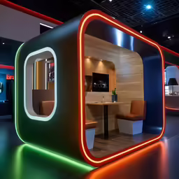 a room with chairs and table surrounded by lights