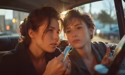 two women sitting in a car and one looking at a cell phone