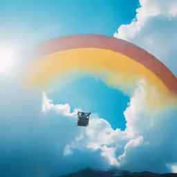 a parachute with a ladder above a mountain range