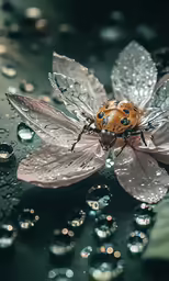 the lady bug is laying on a water leaf