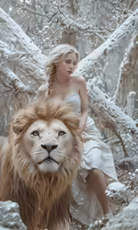 a girl sitting on top of a lion in the snow