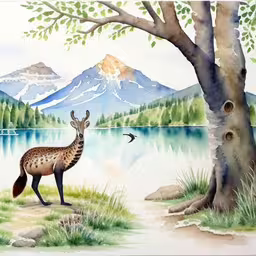 a painting of a deer by the waters edge,an acrylic painting of a deer in a forest with a lake and mountains