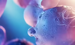 a little kid is in close up with balloons on his face