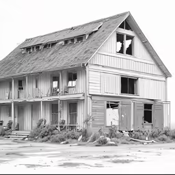an old building with broken windows and debris surrounding it