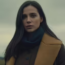 a woman with long hair and a peal coat is standing against a cloudy sky