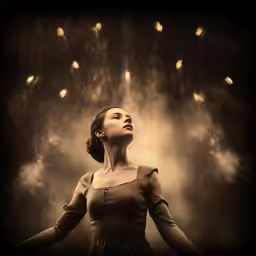 a woman in dress standing with her arms wide open