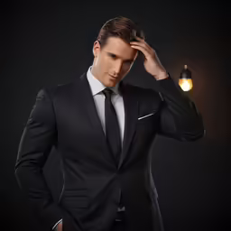 a man in a suit, tie and watch on a dark background