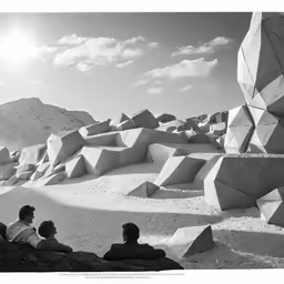 three people sitting on the ground looking out at a mountain