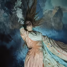 a woman is wearing a dress with her arms spread and head down