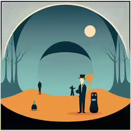 a vintage movie poster for the wizard of the north,a man standing in a desert surrounded by trees