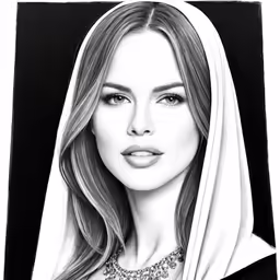 a drawing of a woman with long hair and a shawl on her head