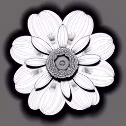 a flower with a circular center sitting on a surface,a 3d image of a white flower on a gray background