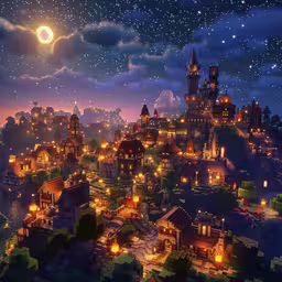 a picture of a town by the night,a lit up city sits in the distance under a full moon
