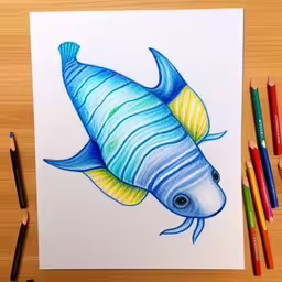 a drawing of a fish with two yellow striped fins,the drawing is very colorful and has a striped fish